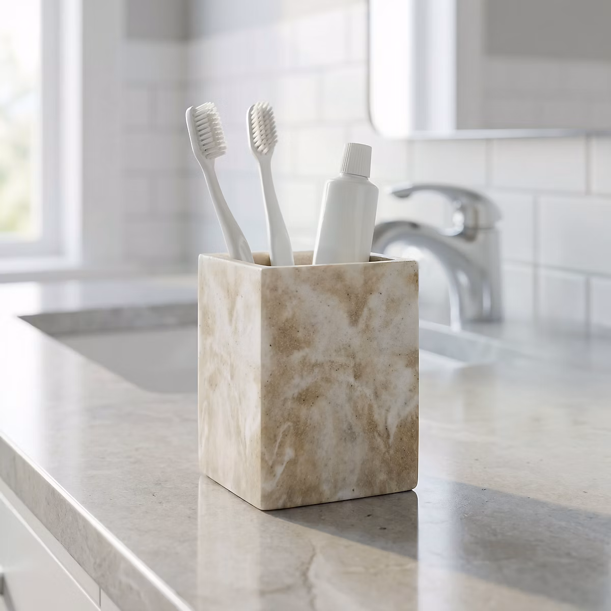 Gobelet salle de bain beige effet pierre en polyrésine – GoodHome Cenia