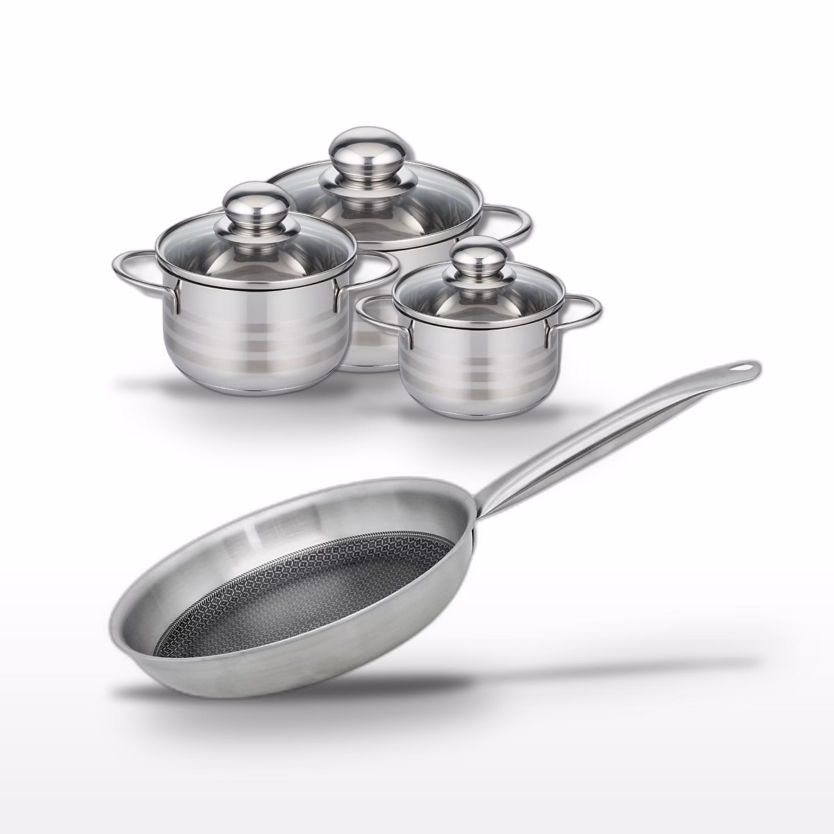 Batterie de cuisine avec 1 poêle 28 cm et 3 faitouts 12/14/16 cm en inox sans PFAS Elo Collection Relief Solution Brillant – Réf. HHXHNZWWB1143487550