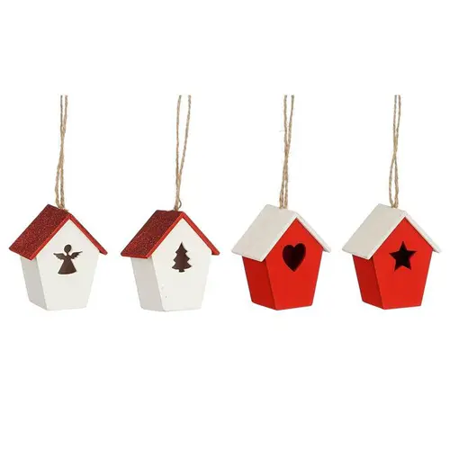 Jardin bien-être:Décoration à suspendre maison en bois blanche et rouge– 6,5 x 7 x 4 cm