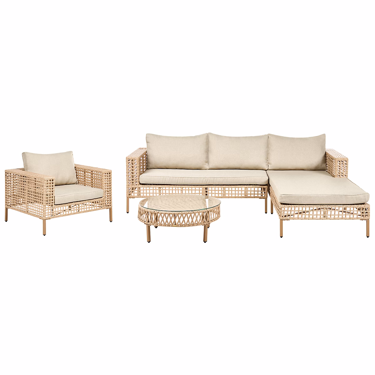 Ensemble de salon de jardin avec table 4 places CALASETTA Polyrotin Beige Côté gauche – Réf. UEMMCZZJN3770684043