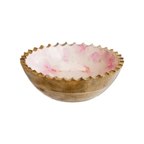 Un plus pour vos extérieurs:Saladier en bois de manguier intérieur décor cerisier rose - Ø 20 x H 7 cm