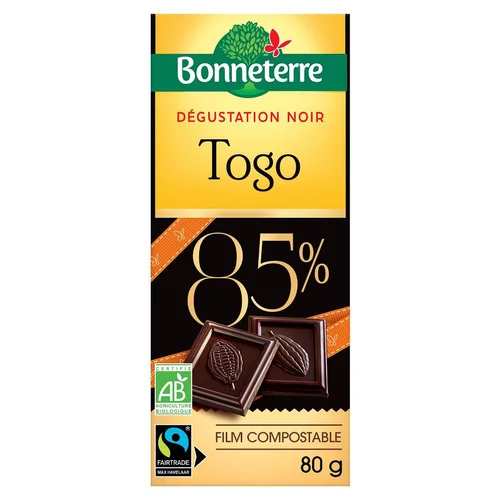 Le choix jardin:Chocolat Dégustation noir Togo 85% en tablette de 80 g