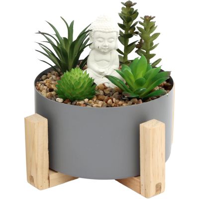 Bouddha avec plantes succulentes 16 x 14 cm (Gris)