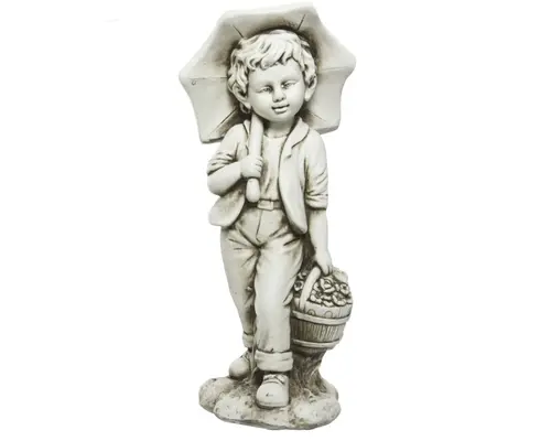 Jardin & nature：Statue garçon avec parapluie en polymagnesium blanc cassé - 67,5 cm