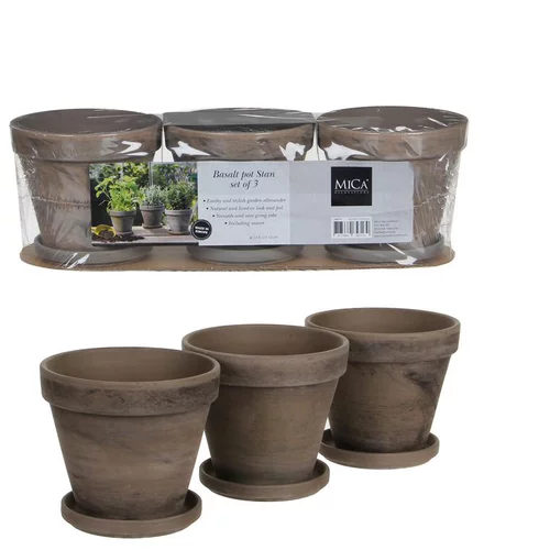 Pour transformer votre jardin:Ensemble de 3 pots en terre cuite gris basalt avec soucoupe Stan - Ø 13,5 x H 12 cm