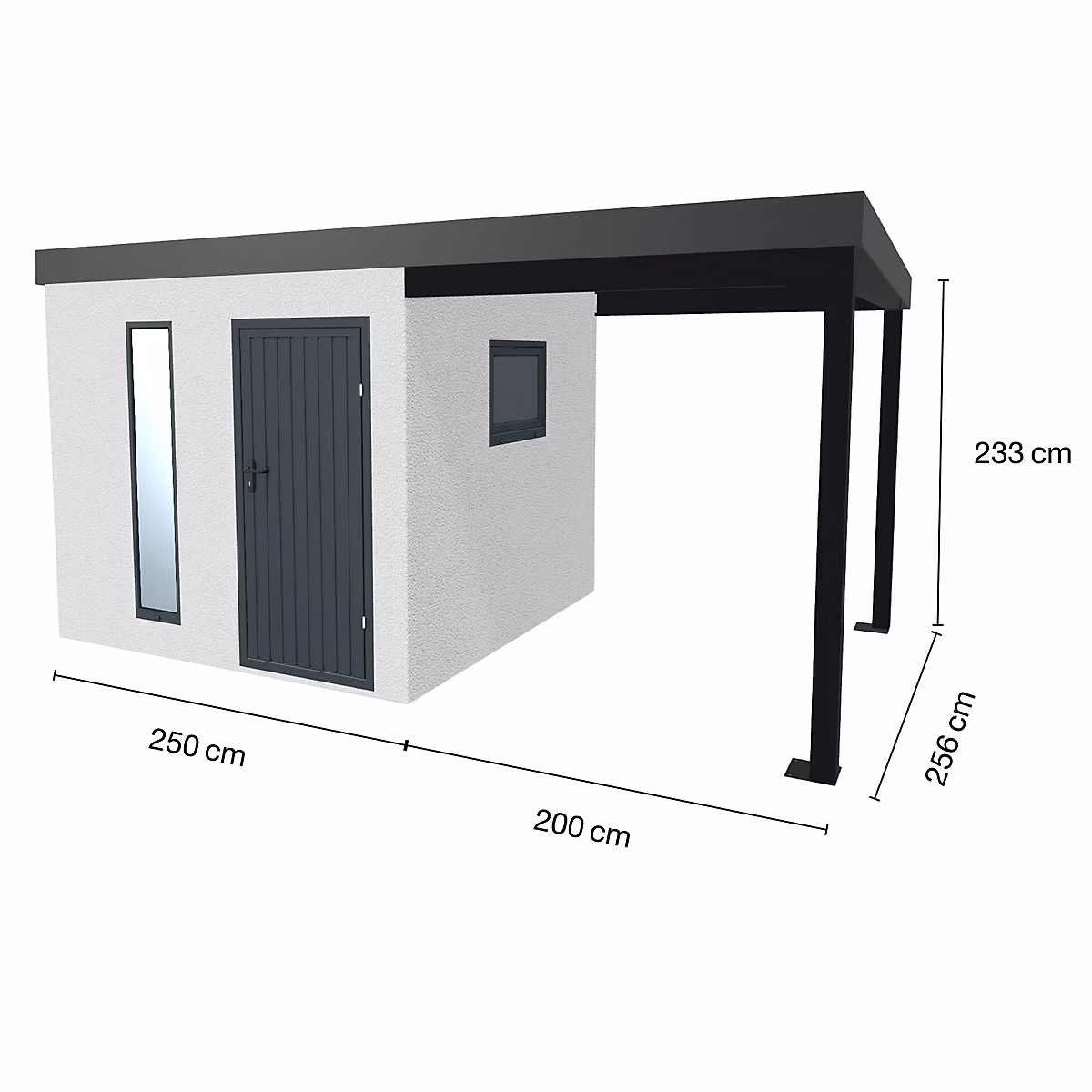 Abri de jardin en métal finition crépi 2500 × 2560 mm – blanc avec auvent à droite 2000 × 2560 mm anthracite.