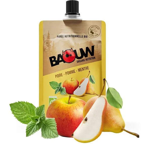 Pour un jardin bien équipé:Purée Poire-Pomme-Menthe bio Baouw - gourde de 90 grammes