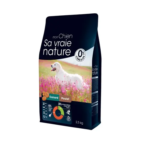 Pour vivre dehors：Croquettes sans céréales pour chien adulte au canard et au poulet Sa Vraie Nature - 2,5 kg
