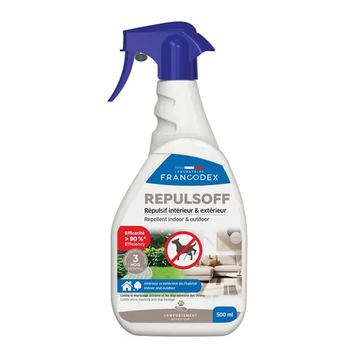 Idée pratique:RŽpulsif d'intŽrieur et d'extŽrieur pour chien marquages urinaires et dŽgradations Francodex Repuls'Off - 500 ml