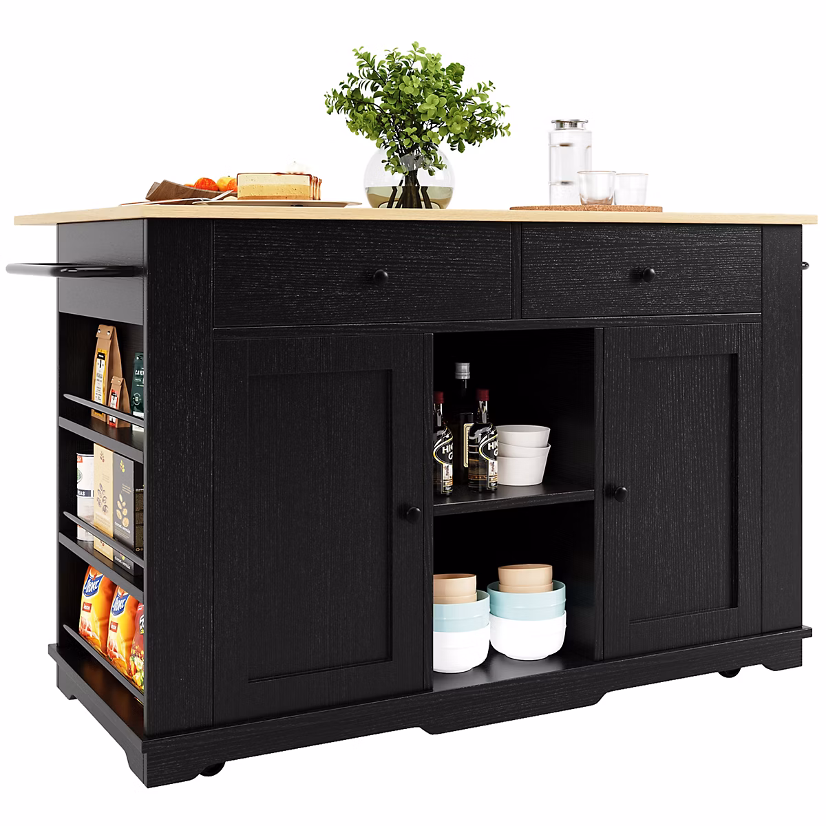 Buffet De Cuisine Noir/bois Avec Prise – Plan De Travail Multifonction, Meuble Service