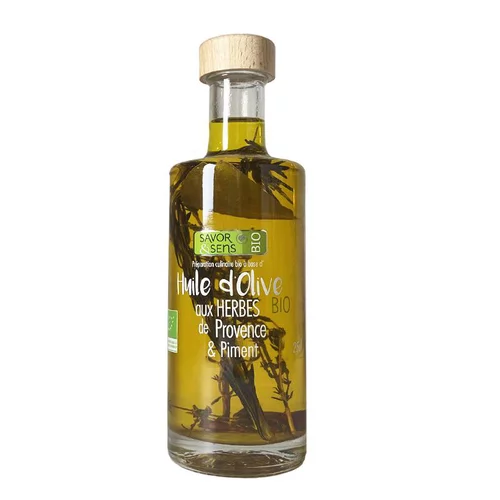 Pour plus de confort au jardin:Huile d'olive bio Herbes de Provence & piment de Cayenne Savor et Sens - 25 cl
