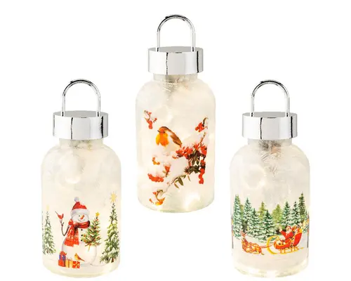 Plaisir au jardin：Lampe de table en verre avec décor de Noël rouge et vert à micro LED blanc chaud - Ø 10 x H 23,15 cm