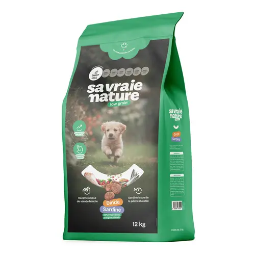 À adopter au jardin:Croquettes chiot mini-medium dinde & sardine réduites en céréales Sa Vraie Nature - 12 kg