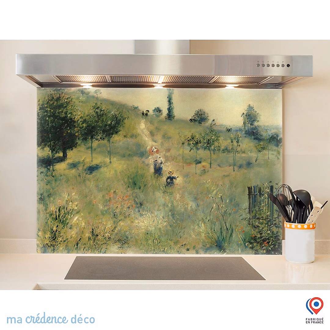 Crédence cuisine fond de hotte Auguste Renoir – Chemin montant dans les hautes herbes, Verre trempé, L 90 cm x H 50 cm