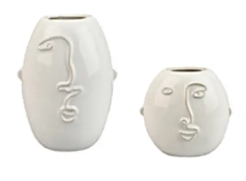 Jardin malin:Vase en céramique décor visage coloris blanc grand modèle - 12 x 16,5 x 16 cm