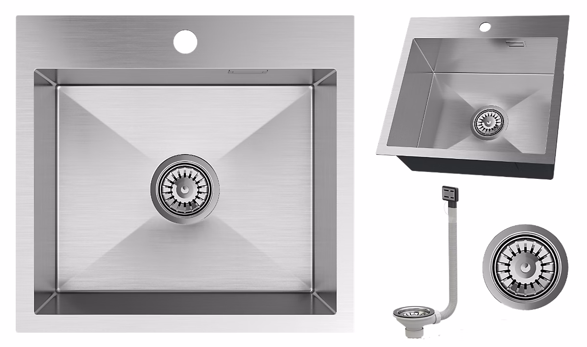 Évier de cuisine en acier inoxydable simple SILVO48 avec finition chromée et siphon – Réf. LNSYUVHUH4330714750