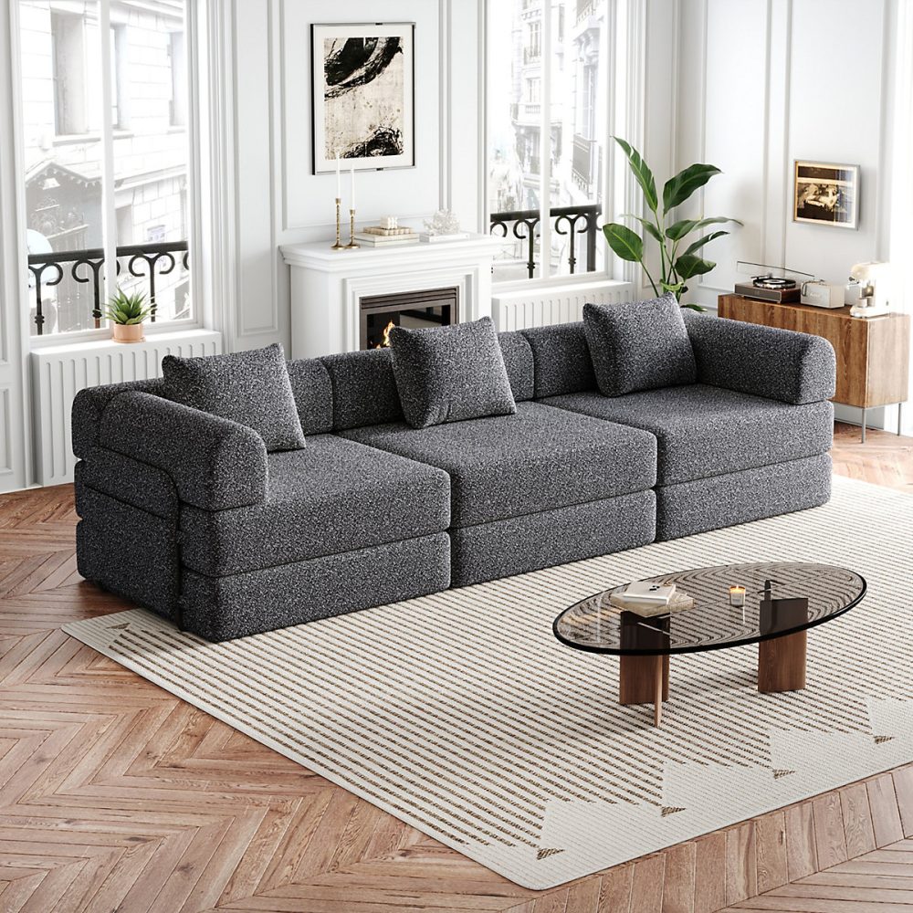 Canapé – Lit Modulable | Convertible 2 en 1 avec Rangement dans Accoudoir | Cadre Métal | Chenille Gris | 274 x 91 | 4 x 69 | 8 cm