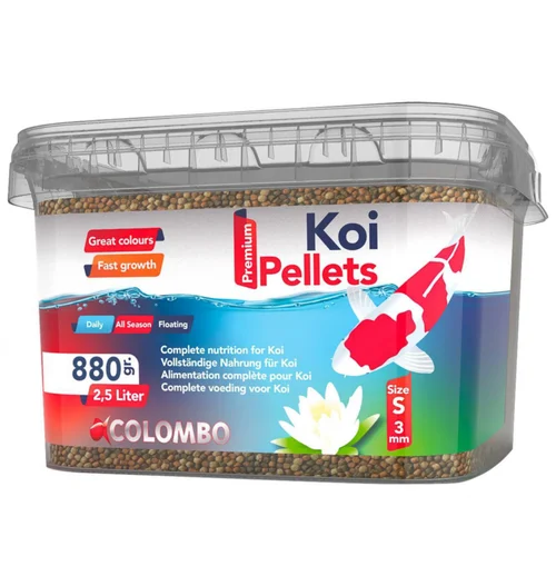 Pour profiter dehors:Granulés mini pour kois, 3mm, COLOMBO BASSIN, modèle Kois Pellets - 880g/2,5L