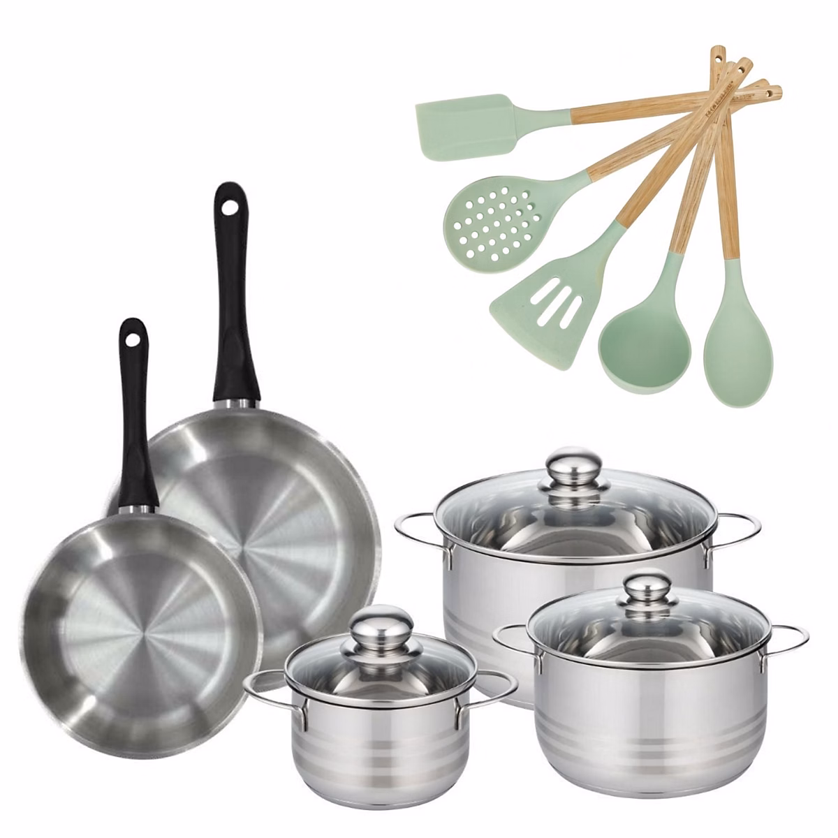 Batterie de cuisine avec 3 faitouts 16/20/24 cm et 2 poêles 20/24 cm avec 5 ustensiles de cuisine Fackelmann Généva Brillant Ocean – Réf. MIEVRZZND8403257025