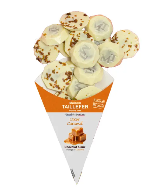 Style jardin:Chocolats blancs caramel au beurre salé Maison Taillefer - dans un cornet de 130 g