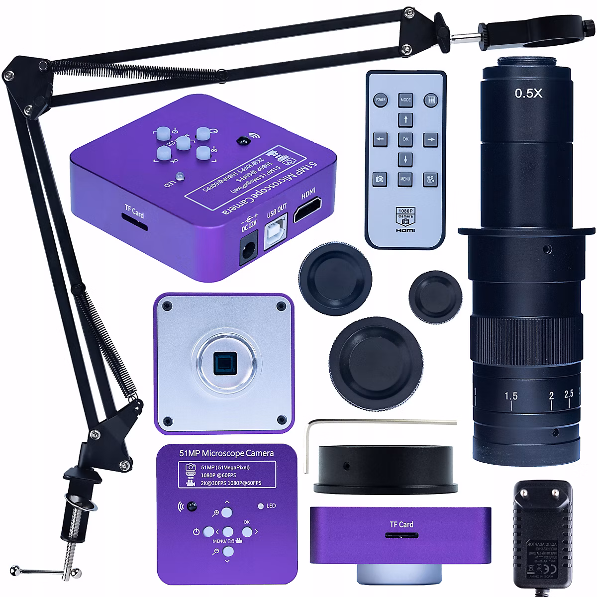 Caméra Microscope Numérique 51MP Puppis Pink PRO – HDMI/USB | Objectif 180x | Bras Articulé | Full HD 2K 60FPS