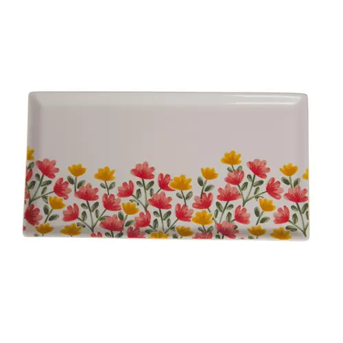 Pour mieux vivre dehors：Plat à cake rectangulaire en céramique blanche à motif fleurs Louise - 31 x 16 x 1 cm