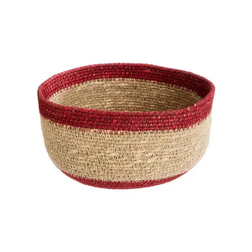 Simple dehors：Corbeille ronde bicolore naturel et rouge en osier grand modèle - Ø 18 x H 10 cm