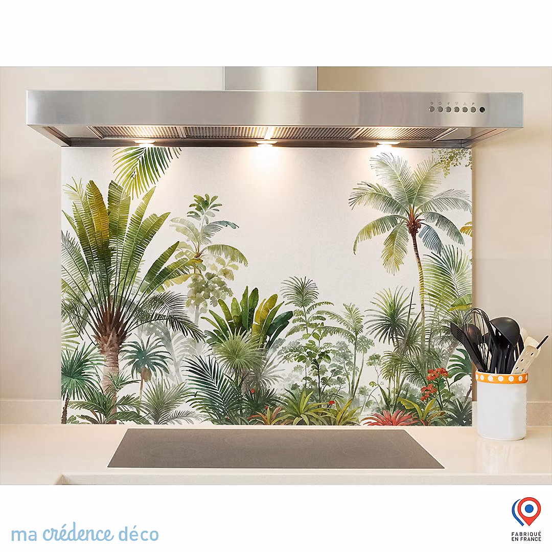 Crédence cuisine fond de hotte fresque tropicale et palmiers – Aquarelle | Alu composite | L 70 cm x H 60 cm | MaCrédenceDéco