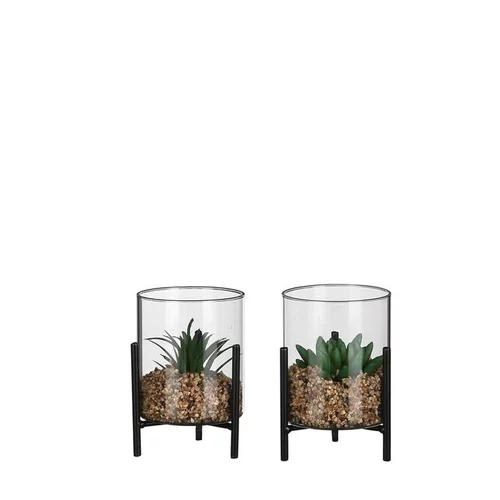 Pour vivre dehors:Succulente artificielle vert foncé en pot transparent sur pied - Ø 10,5 x H 13 cm
