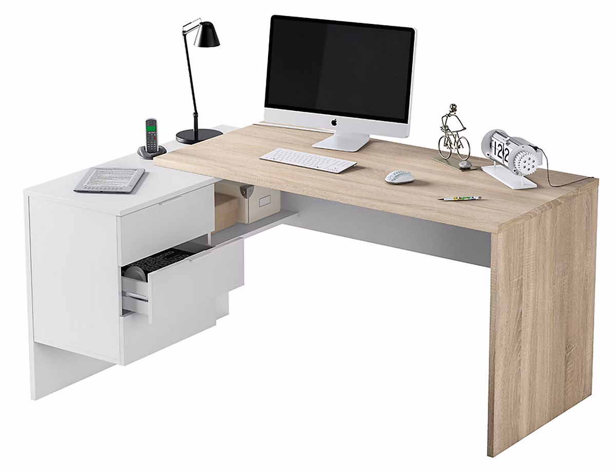 Bureau + caisson avec 3 tiroirs Chêne canadian / Blanc Artik- 73 × 145 × 108 cm -PEGANE