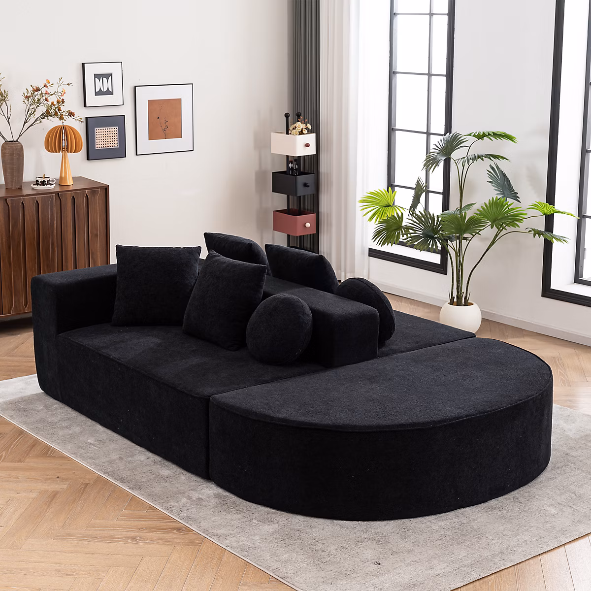Canapé 3 places convertible en mousse intégrale – tissu chenille noir, sans montage, style contemporain modulable