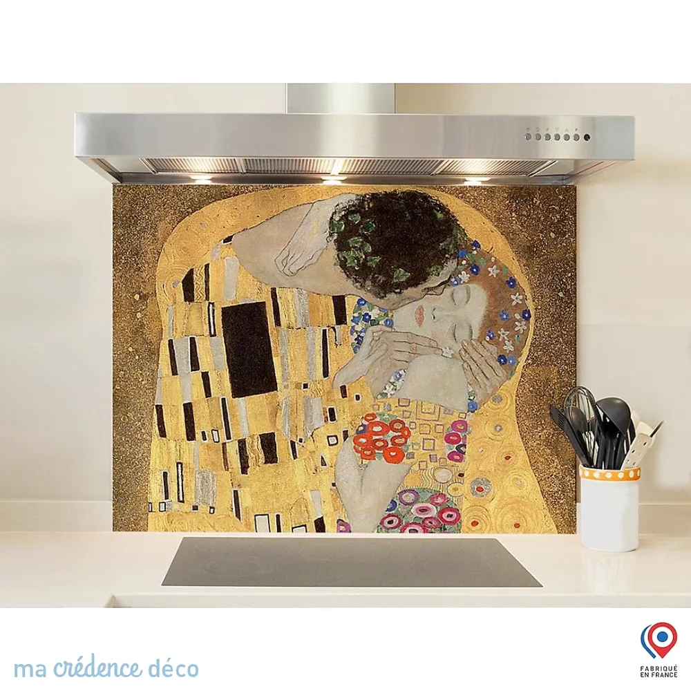 Crédence cuisine fond de hotte Gustav Klimt – Le baiser | Verre trempé | L 70 cm x H 60 cm | MaCrédenceDéco