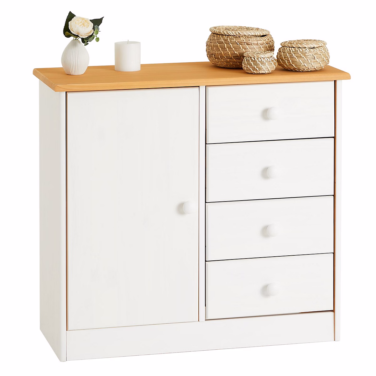 Commode RONDO en pin massif | 4 tiroirs et 1 porte – lasuré blanc/brun