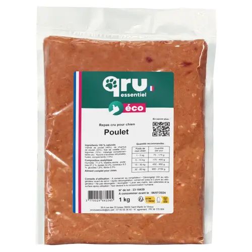 Essentiel extérieur：Aliment cru pour chien repas poulet Qru Essentiel congelé - 1 kg