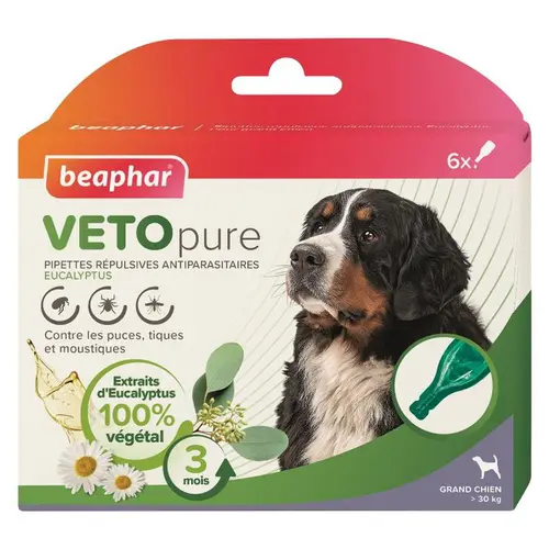 Pour plus de confort à l’extérieur:Pipettes antiparasitaires pour le chien de grande taille coloris blanc VETOpure Beaphar – 6 x 2 ml