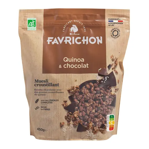 Essentiel extérieur：Muesli bio croustillant quinoa et chocolat - boite de 500 g
