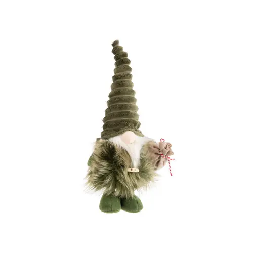 Un atout pour le jardin:Gnome vert et brun debout avec hotte en jute petit modèle - 41 cm