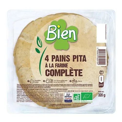 Pour vos envies de jardin：Pains pita à la farine complète bio Bien x 4 – 320 g