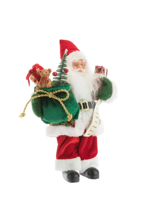 Équipement pour le jardin:Père Noël traditionnel en tissu rouge et vert avec cadeaux - 46 cm