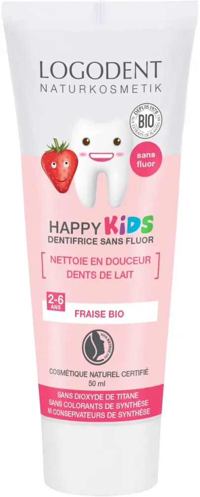Accessoire au jardin：Gel Happy Kids fraise bio sans fluor Logodent - 50 ml