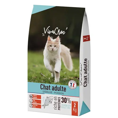 Pour donner du style à l’extérieur:Croquettes pour chat adulte stérilisé au poisson VivaCroc – 2 kg