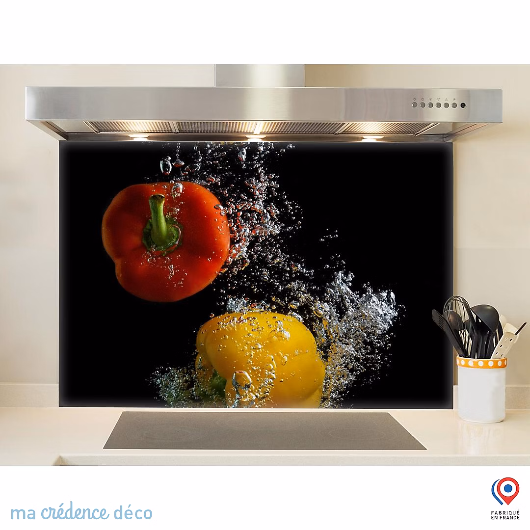 Crédence cuisine fond de hotte Bain de poivrons – Alu composite, L 70 cm x H 60 cm, MaCrédenceDéco