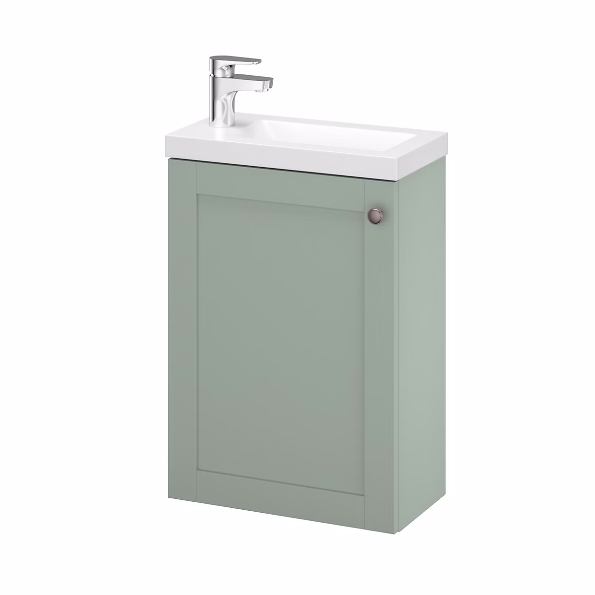 Meuble lave mains suspendu vert sauge l.43 – 5 cm 1 porte Imandra + plan vasque blanc résine Beni | GoodHome