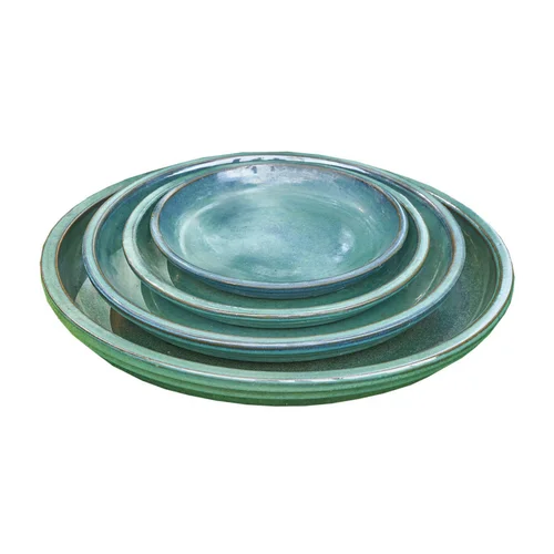 Pratique jardin:Soucoupe en terre cuite émaillée vert amande Poterie du Bousquet Costa - Ø 38 x H 3,8 cm