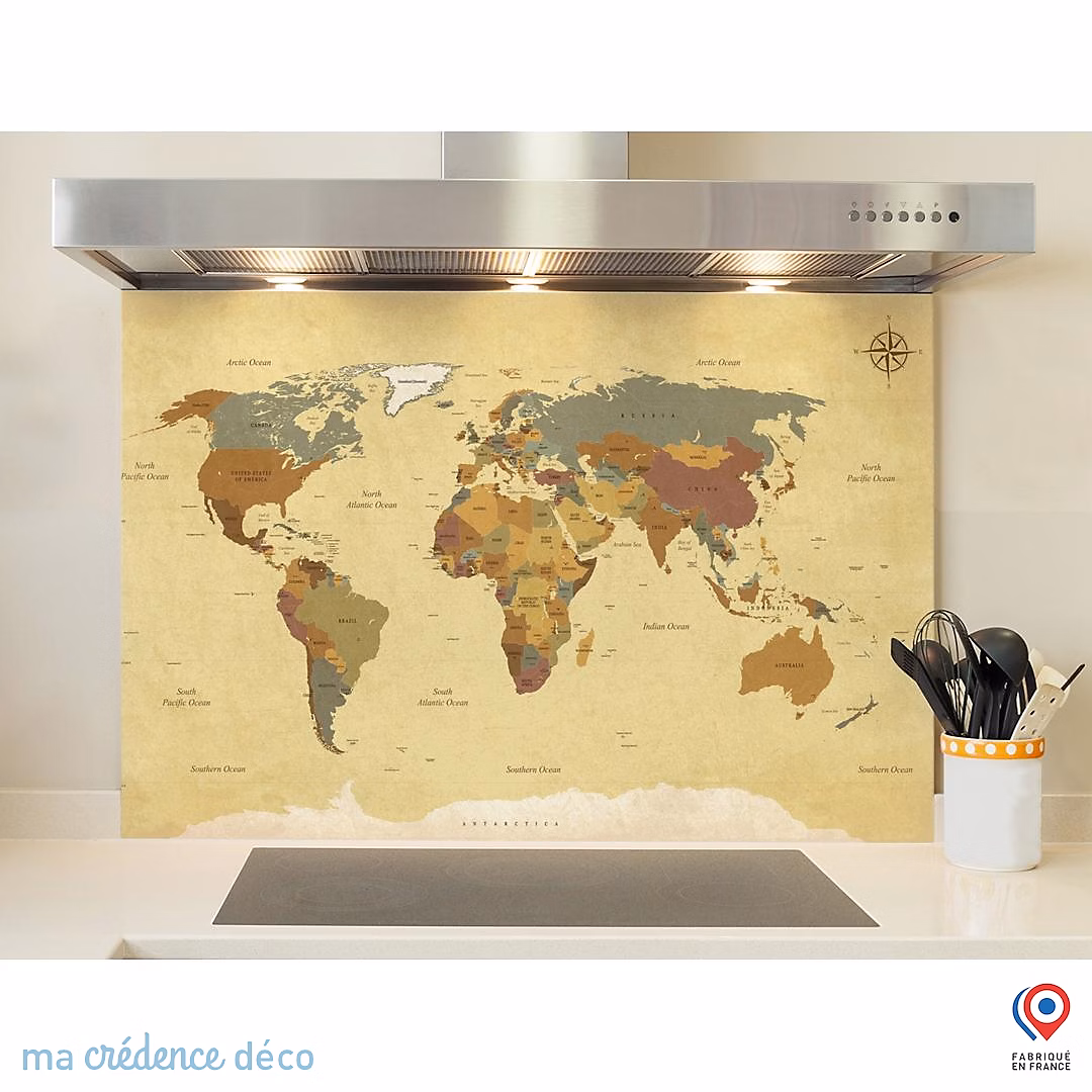 Crédence cuisine fond de hotte Carte du monde – Verre trempé, L 90 cm x H 50 cm, MaCrédenceDéco