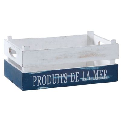 Caisse "Produits de la Mer" en bois patiné blanc et bleu