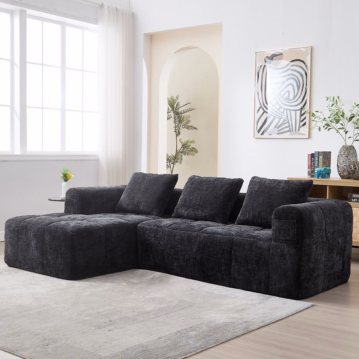 Canapé D'Angle Modulable 3 Places – avec Rangement Latéral Pour Télécommande, Style Moderne, Revêtement Chenille, Noir