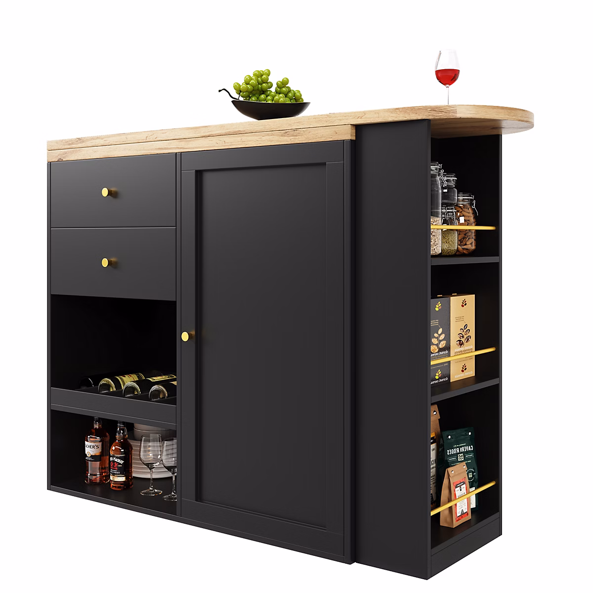 Buffet Tournant – 2 Tiroirs, Porte Coulissante, 3 Étagères, Salon,salle à Manger
