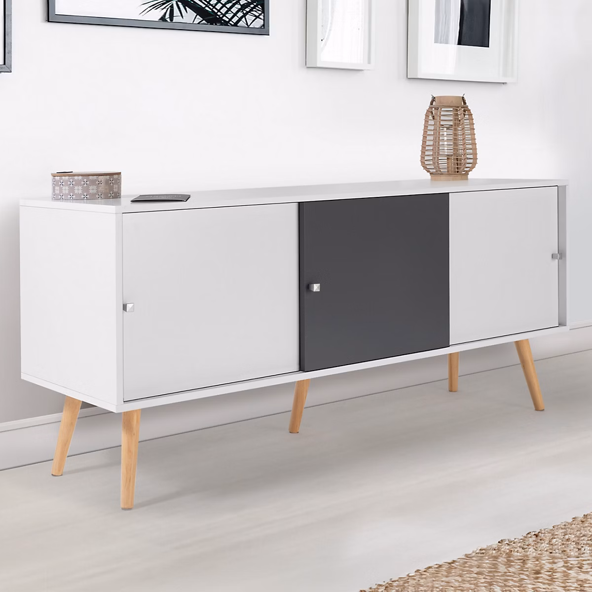 Meuble – Buffet bas scandinave 135 cm EFFIE 3 portes bois blanc et gris