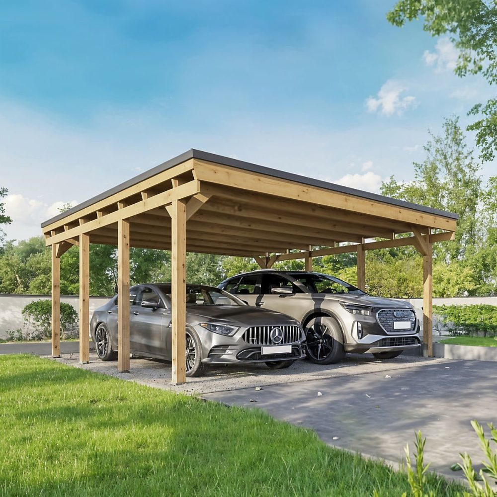 Carport Bois CASTELLANE – 2 Voitures, Traitement Autoclave, Ancrage de Fixation en H, Bois de Haute Qualitée, Poteaux 12 × 12 cm